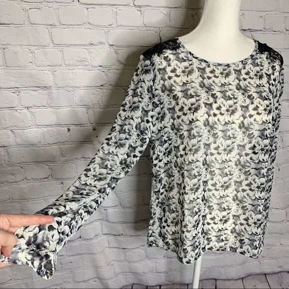 Lumiere Black and white floral semi-sheer lace shoulder long sleeve top - Picture 2 of 11